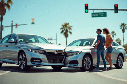 Voiture berline argentée accidentée à une intersection en Californie