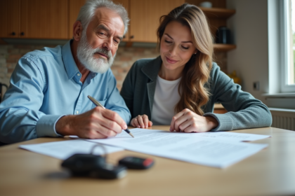 Homme et femme examinent un document de vente de voiture à la cuisine