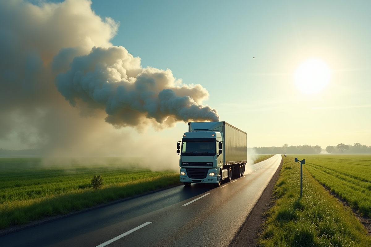 Camion de livraison émettant de la fumée dans un environnement rural vert