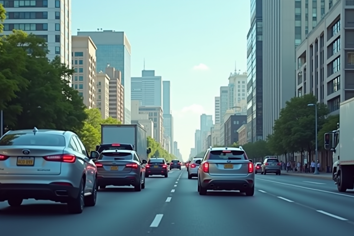 Rue animée en ville avec voitures en trafic et bâtiments modernes