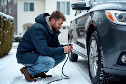 Homme vérifiant la pression des pneus en hiver devant sa voiture