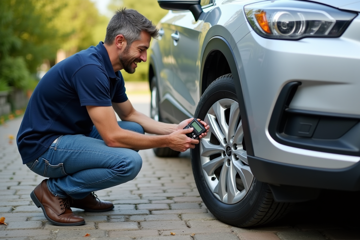 Homme vérifiant la pression des pneus de sa voiture