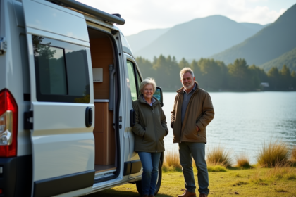 Couple souriant près de leur van camping au bord du lac
