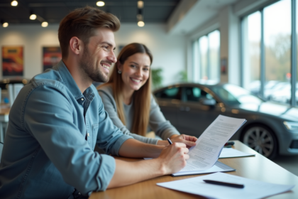 Jeune couple souriant examinant un contrat de voiture dans un showroom