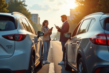 Deux conducteurs échangent des documents après un accident
