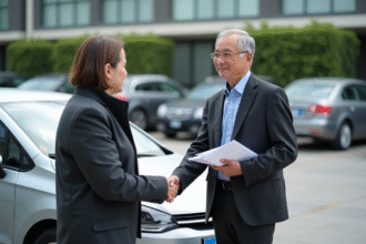 Homme et femme d'affaires serrant la main devant une voiture