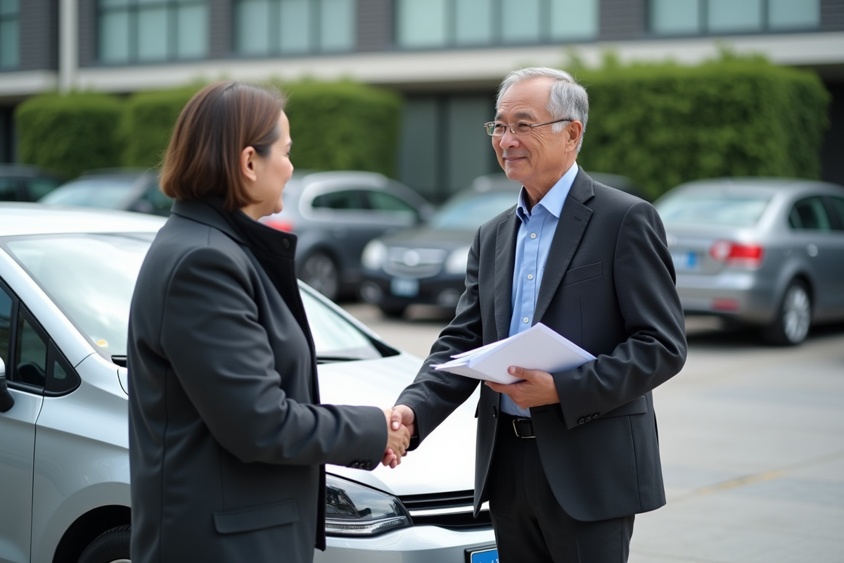 Homme et femme d'affaires serrant la main devant une voiture