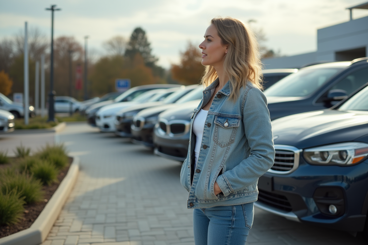 Jeune femme discutant avec un conseiller devant une voiture neuve