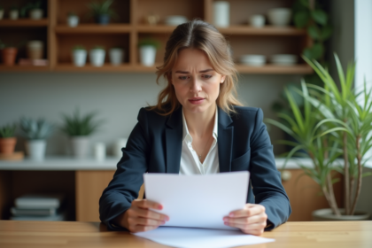 Femme d'affaires examine un document à la maison
