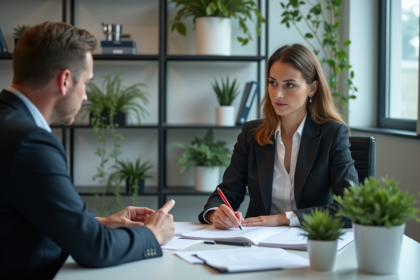 Femme d'âge moyen en bureau avec agent d'assurance