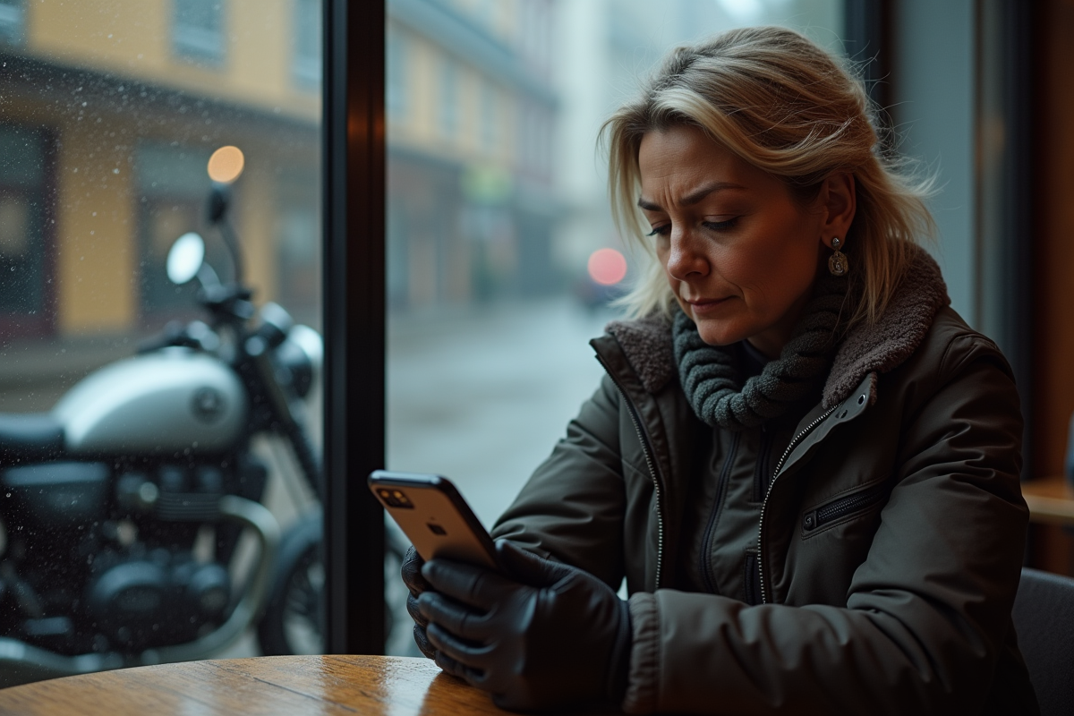 Femme lisant son smartphone devant sa moto sous la pluie