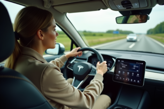 Femme en voyage conduisant une voiture électrique moderne