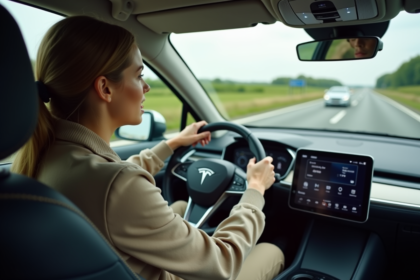 Femme en voyage conduisant une voiture électrique moderne