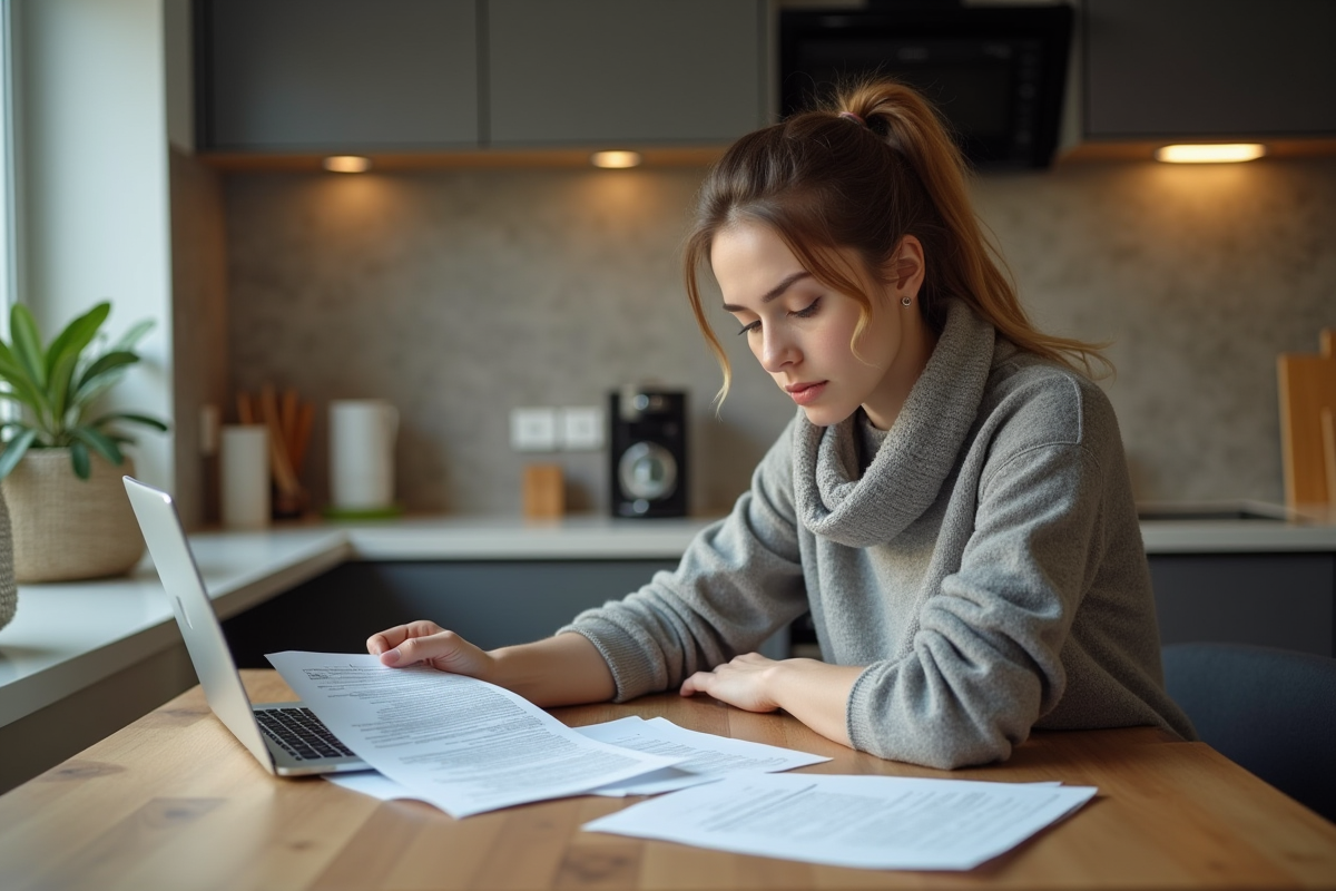 Femme pensive examinant ses documents d