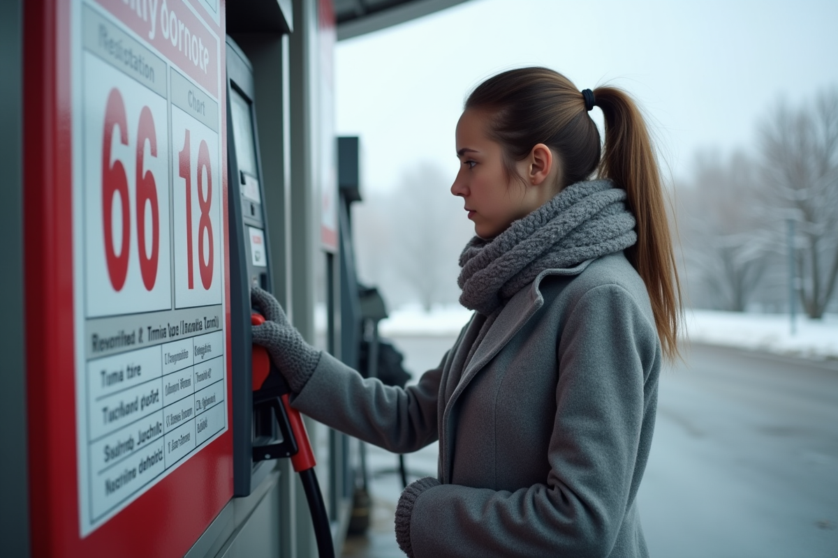 Jeune femme lisant un graphique de pression pneus à la station essence