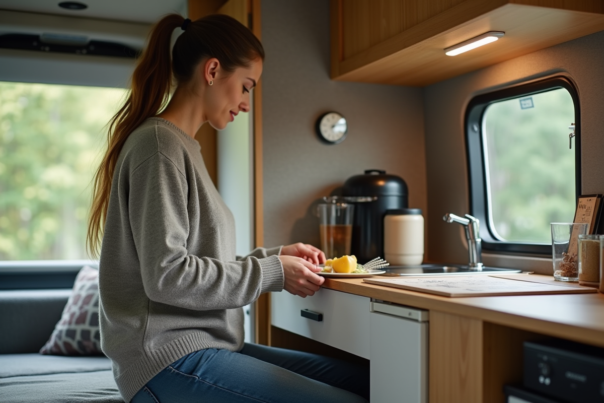 Jeune femme préparant un repas dans son van moderne
