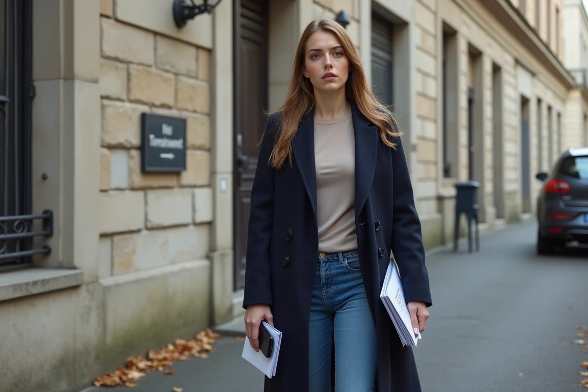 Jeune femme devant un bâtiment administratif français