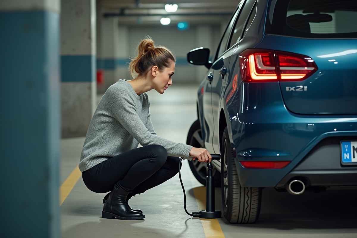 Jeune femme gonflant un pneu dans un parking souterrain