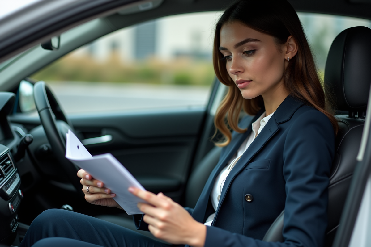 Jeune femme lisant le manuel de sa voiture dans son véhicule