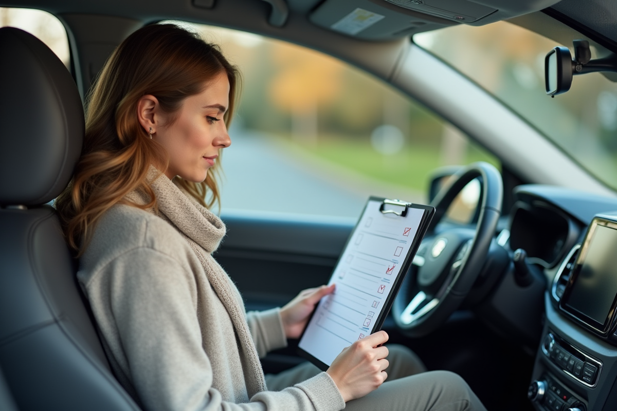 Jeune femme dans une minivan examine une checklist