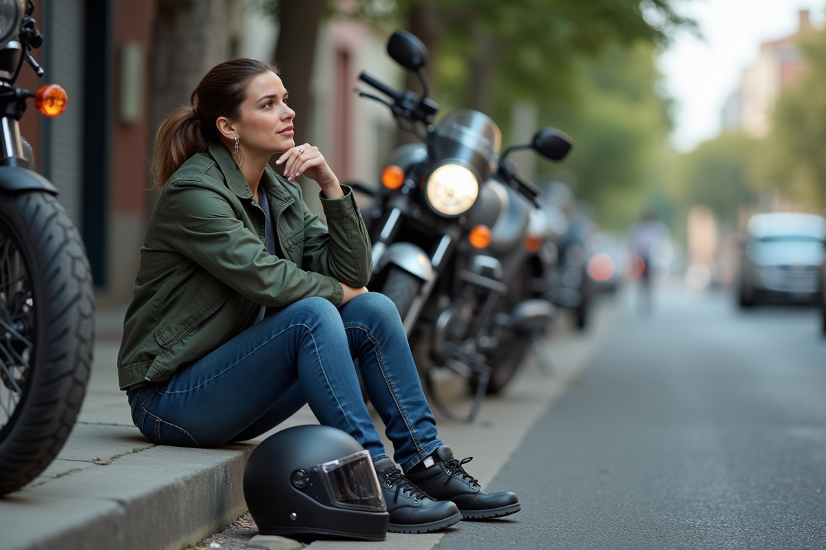 Femme assise à côté de sa moto dans une rue urbaine calme