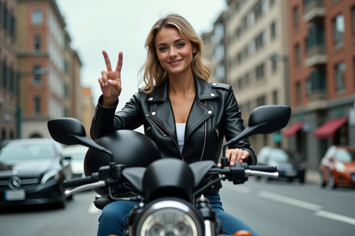 Femme en moto urbaine avec casque et signe V