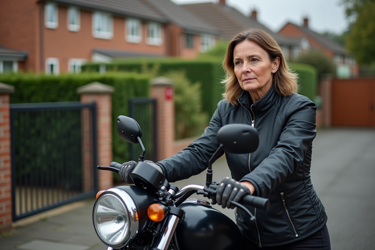 Femme activant un antivol sur sa moto dans une cour