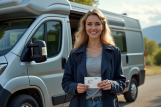 Femme tenant son permis de conduire près d’un camping-car en campagne