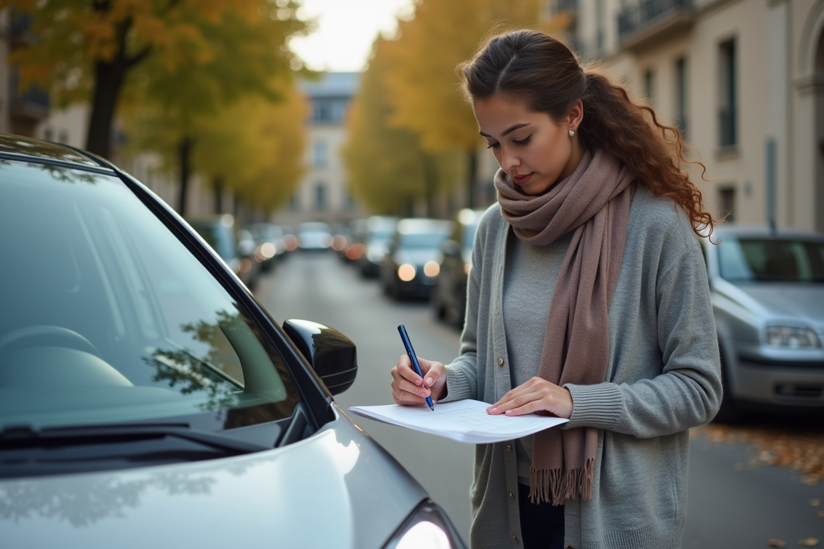 Jeune femme remplissant un formulaire de kilométrage sur sa voiture