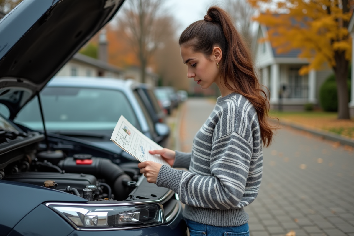 Jeune femme lit un guide de réparation près de sa Citroën
