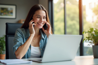 Jeune femme souriante au bureau moderne parlant au téléphone