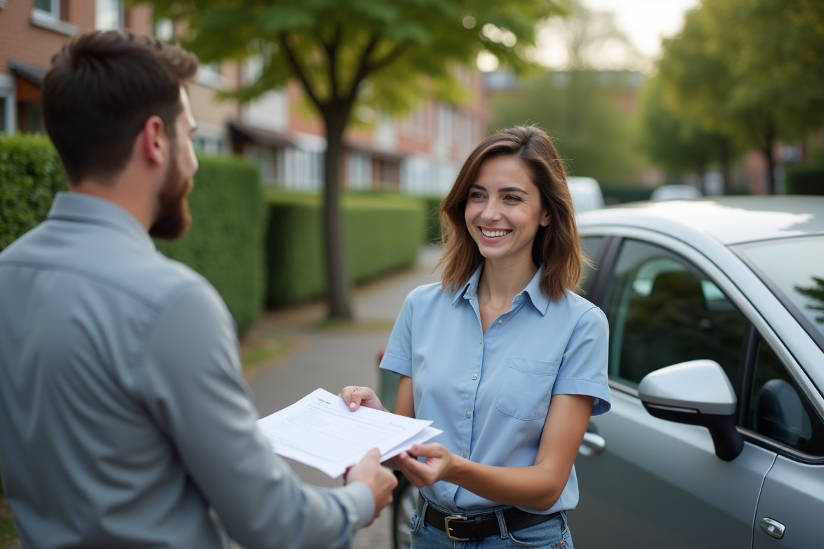 Jeune femme remettant formulaire de transfert voiture