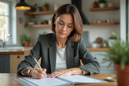 Femme d'âge moyen travaillant à la maison dans une cuisine moderne