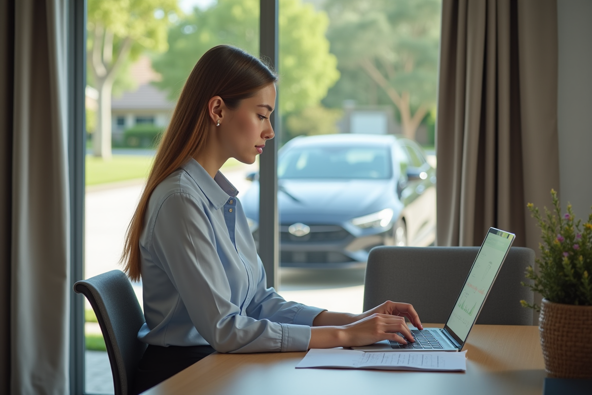 Femme au bureau examinant des papiers d