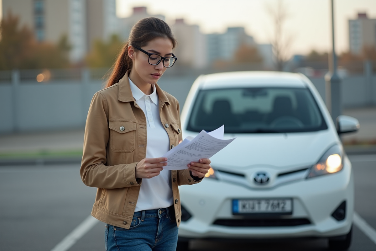 Jeune femme regardant papiers de voiture dans parking urbain
