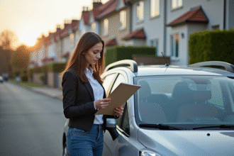 Jeune femme vérifiant ses documents d'assurance voiture