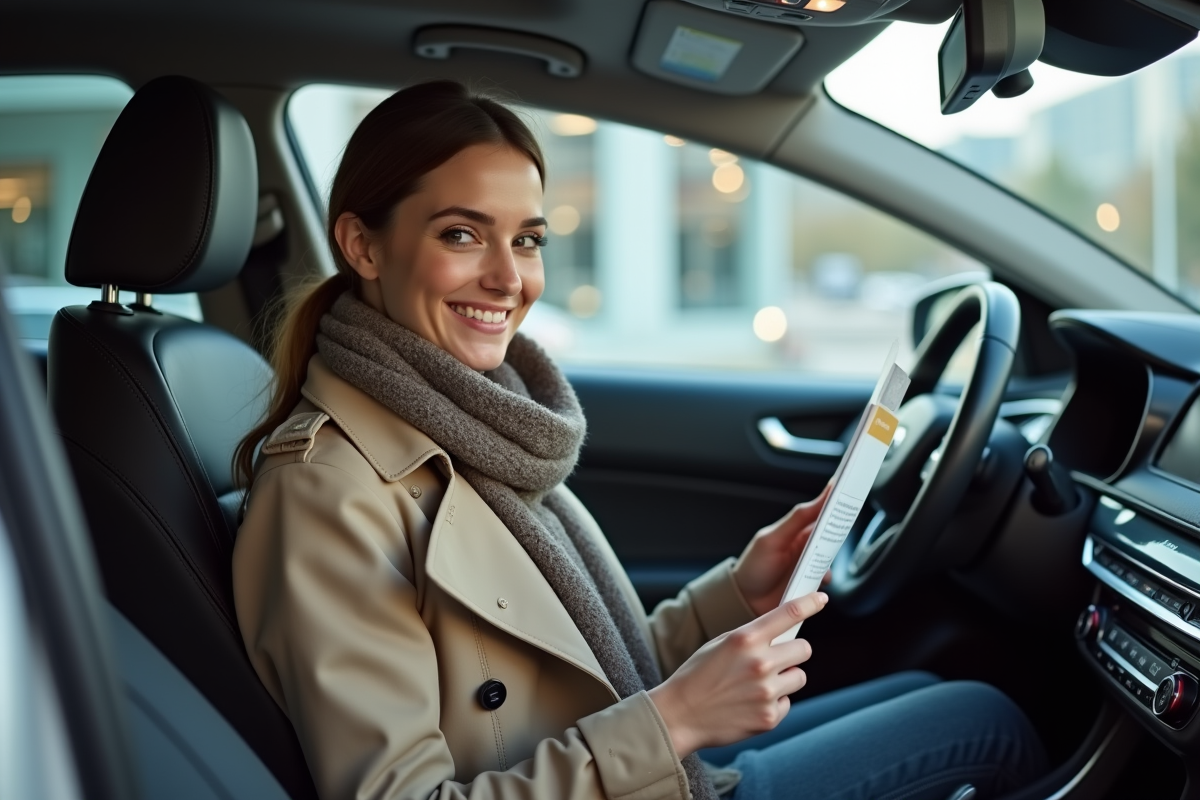 Jeune femme lit une brochure dans une voiture chinoise