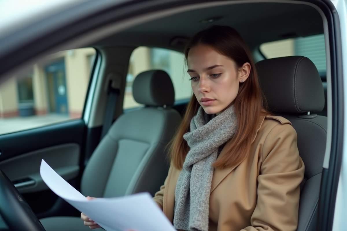 Jeune femme dans la voiture vérifiant ses papiers d