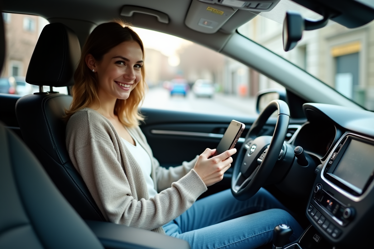 Jeune femme dans sa voiture consulte une app d