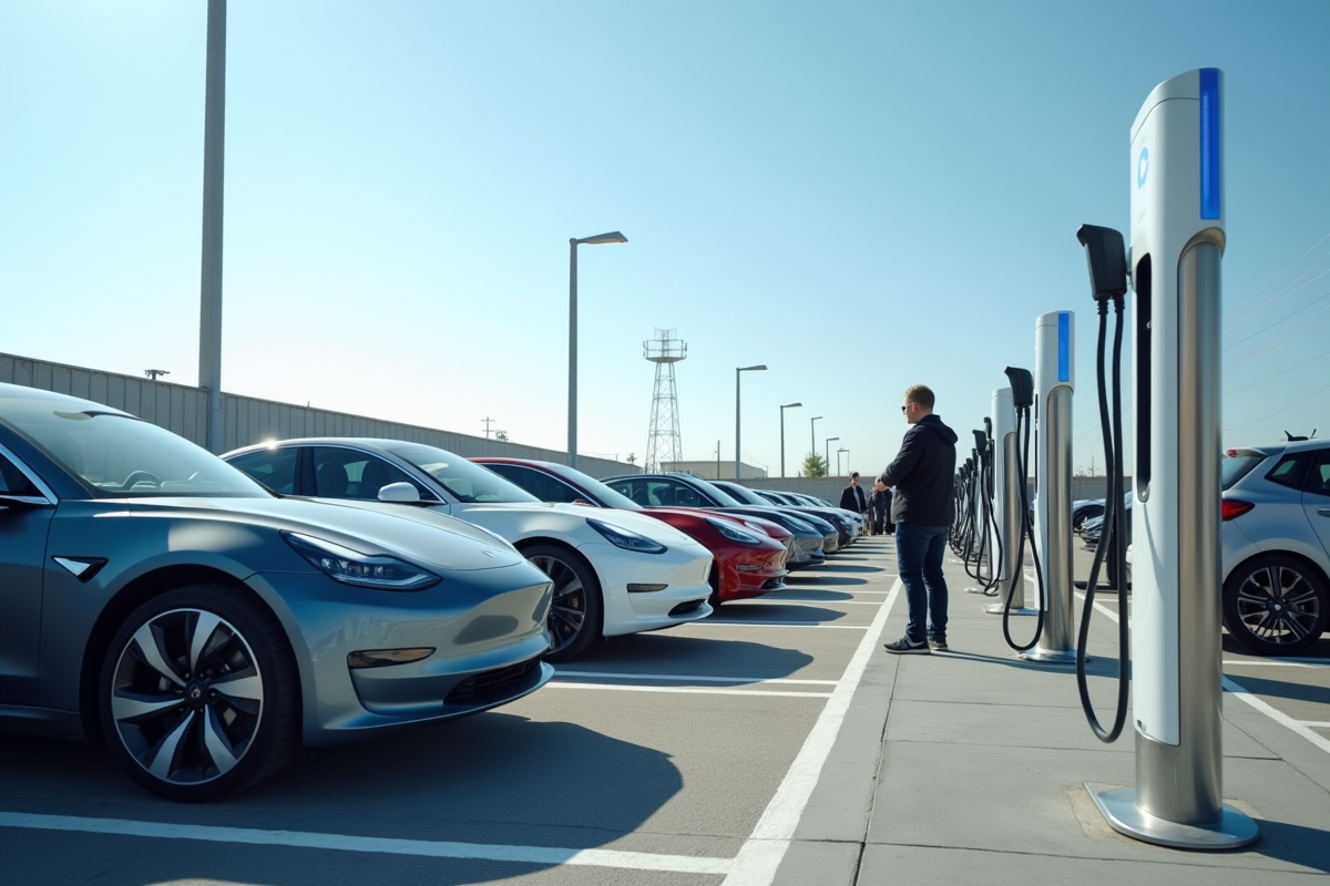 Ligne de voitures électriques en attente de recharge dans un parking en plein jour