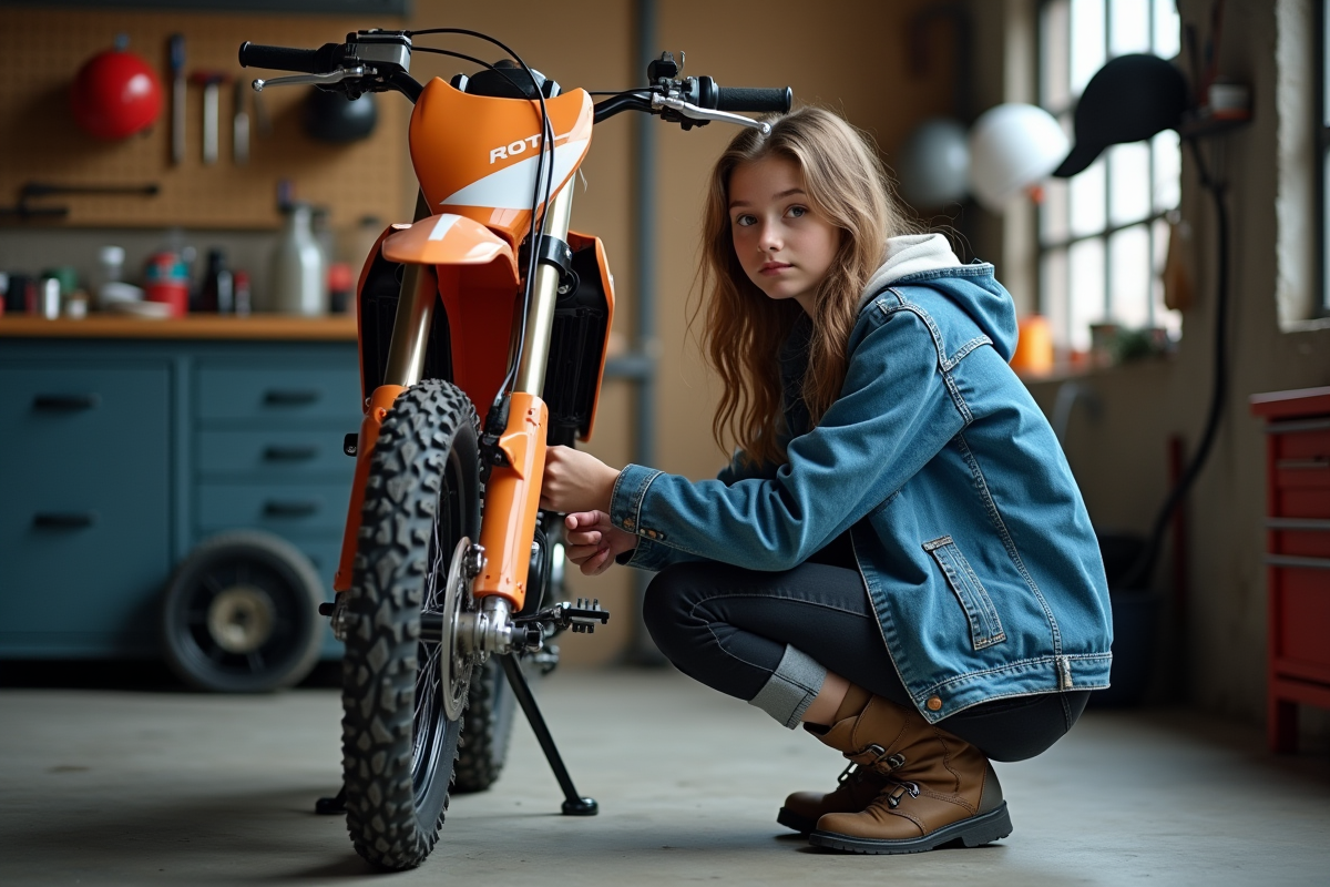 Fille vérifiant sa moto 125cc dans un garage urbain