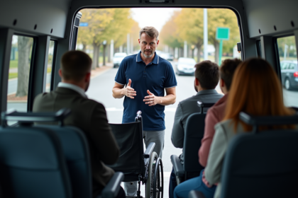 Formateur montrant la fixation d un fauteuil roulant dans un minibus accessible