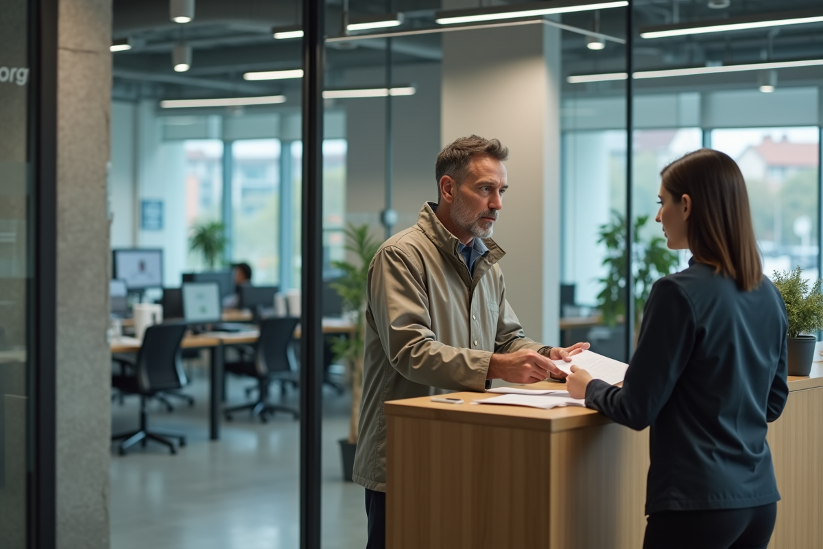 Homme parlant avec une réceptionniste dans une agence d