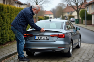 Homme attachant une plaque d'immatriculation à une voiture