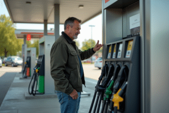 Homme d'âge moyen choisissant une pompe à la station essence