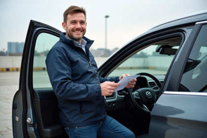 Homme avec certificat de contrôle automobile en extérieur