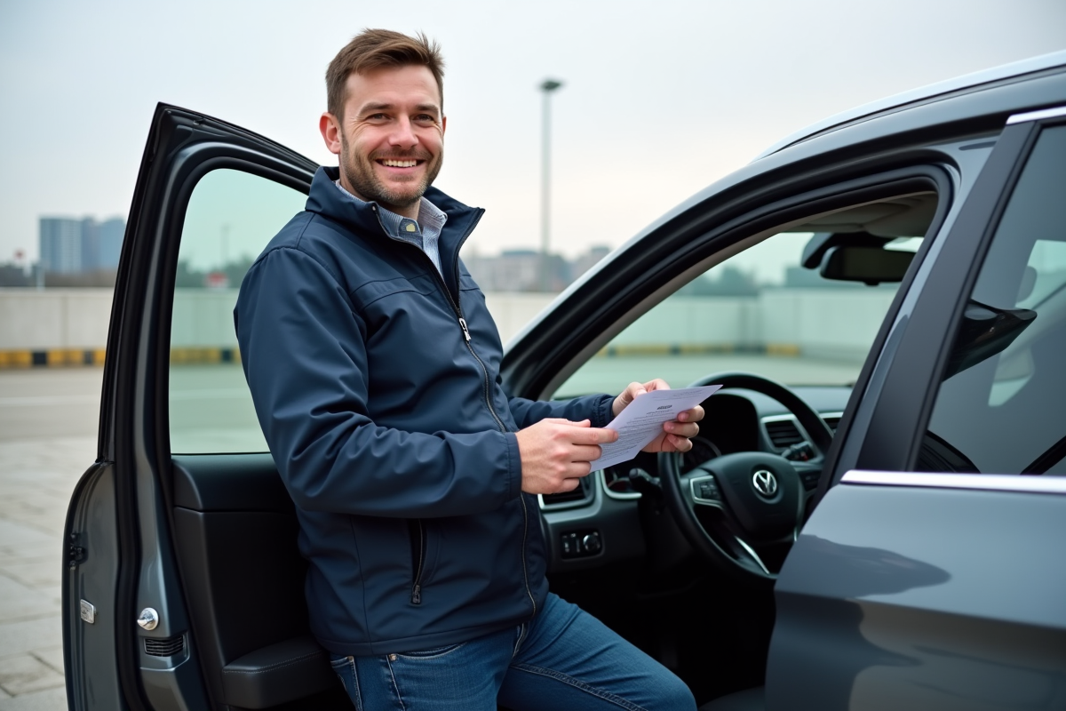 Homme avec certificat de contrôle automobile en extérieur