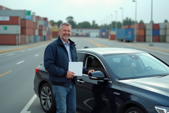 Homme d'âge moyen souriant devant une voiture importée