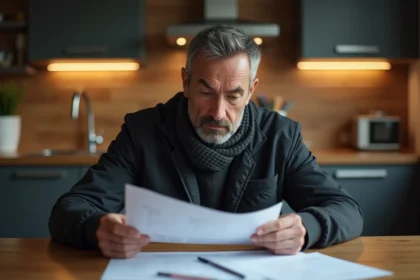 Homme d'âge moyen lisant des papiers à la maison