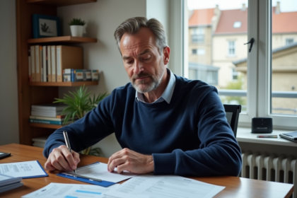 Homme d'âge moyen examinant documents de vente voiture